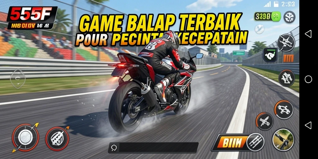 Gameplay seru dan cepat dalam balapan motor 555F.