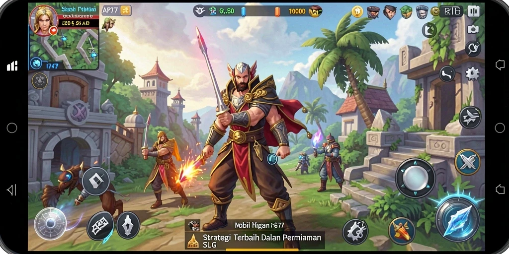 Screenshot utama menampilkan aksi pertempuran strategis dalam game SLG.