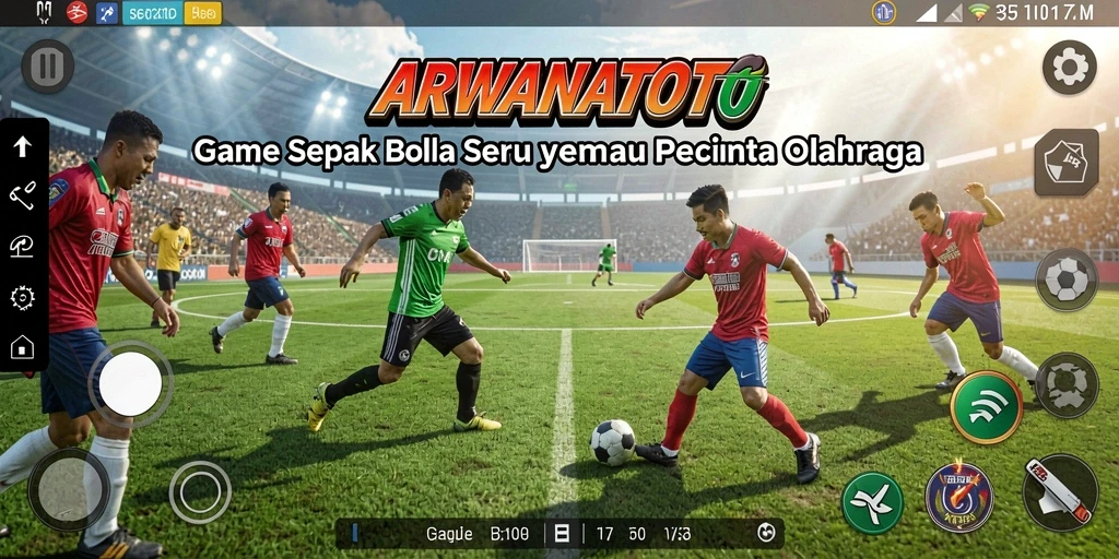 Tangkapan layar gameplay ARWANATOTO menunjukkan aksi seru di lapangan sepak bola.