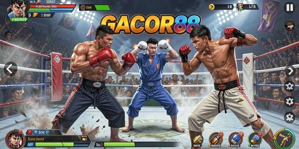 Tampilan pertarungan mendebarkan di GACOR88 dengan karakter unik.