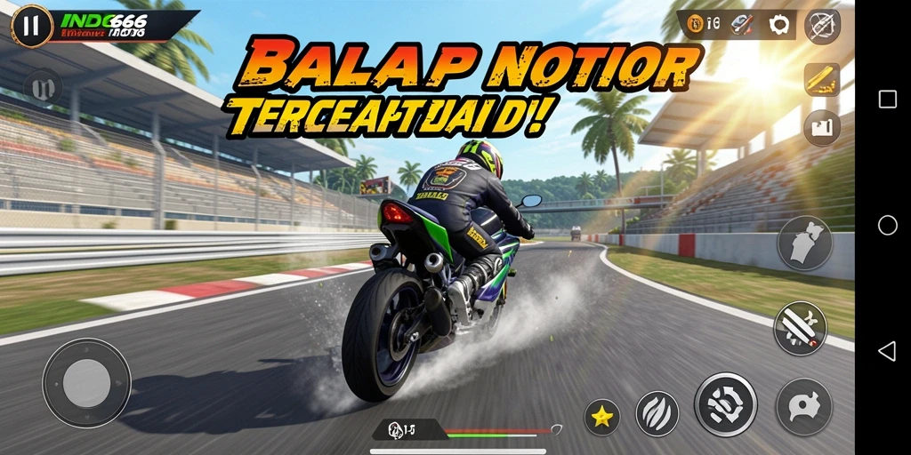 Screenshot gameplay menunjukkan aksi balap motor yang mendebarkan.