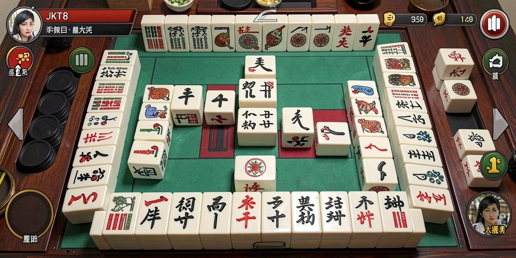 Tangkapan layar gameplay <strong>JKT8</strong> menunjukkan suasana permainan Mahjong yang mengasyikkan.
