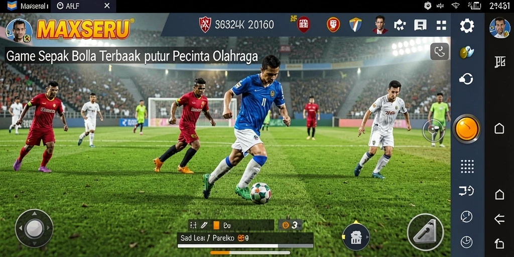 Screenshot gameplay MAXSERU yang menunjukkan aksi menarik dalam sepak bola.