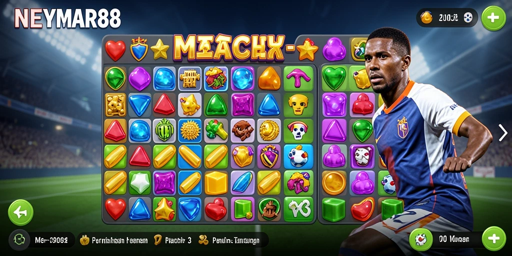 Tampilan gameplay Match-3 yang seru dan penuh warna di NEYMAR88.