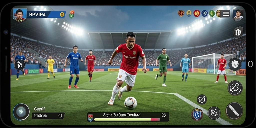Tampilan gameplay seru dalam RPVIP4 saat pertandingan sepak bola berlangsung.