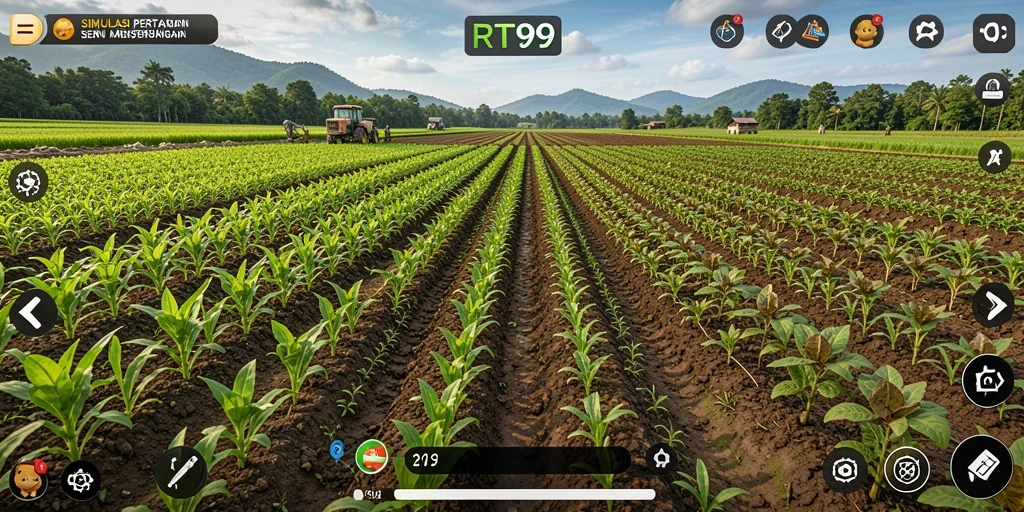 Tangkapan layar utama RT99 menampilkan gameplay bertani yang menarik.