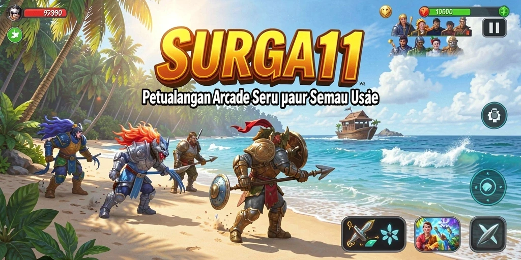 Screenshot utama SURGA11 menampilkan aksi seru dalam gameplay Arcade.
