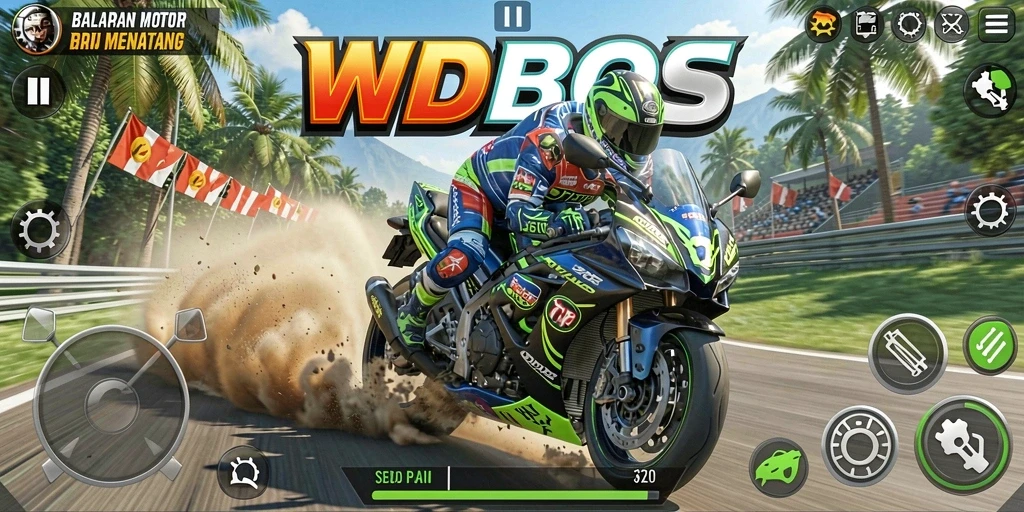 Gameplay seru WDBOS dengan balapan motor yang mendebarkan.